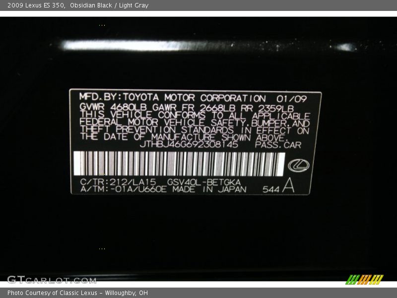 Obsidian Black / Light Gray 2009 Lexus ES 350