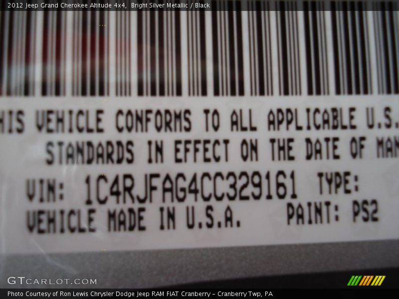 2012 Grand Cherokee Altitude 4x4 Bright Silver Metallic Color Code PS2