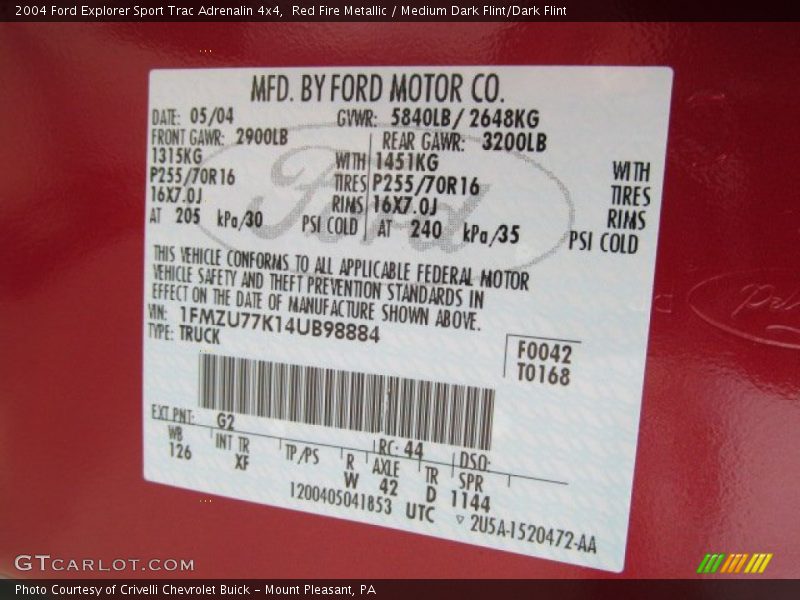 2004 Explorer Sport Trac Adrenalin 4x4 Red Fire Metallic Color Code G2