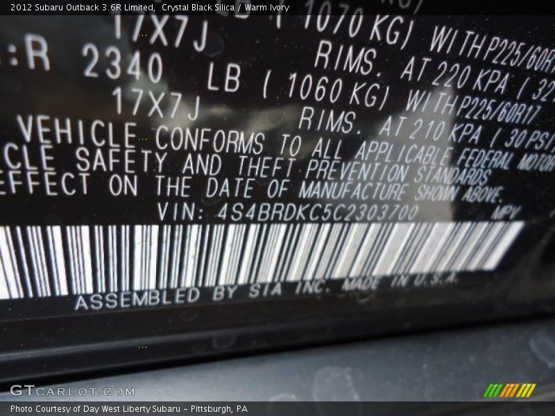 Crystal Black Silica / Warm Ivory 2012 Subaru Outback 3.6R Limited