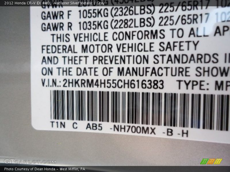 Alabaster Silver Metallic / Gray 2012 Honda CR-V EX 4WD