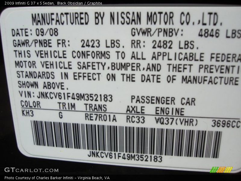 Black Obsidian / Graphite 2009 Infiniti G 37 x S Sedan