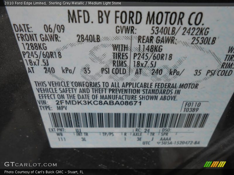 Sterling Grey Metallic / Medium Light Stone 2010 Ford Edge Limited