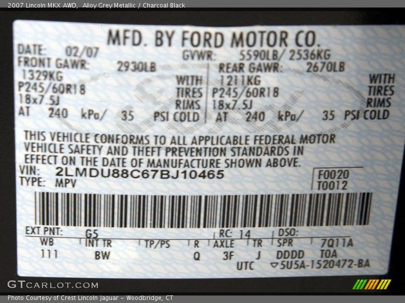 Alloy Grey Metallic / Charcoal Black 2007 Lincoln MKX AWD