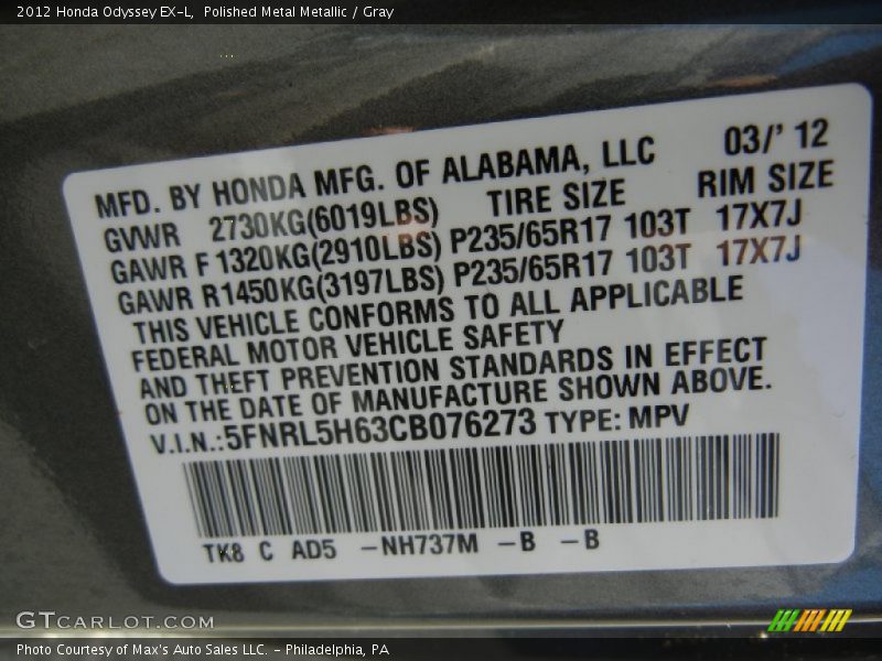 Polished Metal Metallic / Gray 2012 Honda Odyssey EX-L
