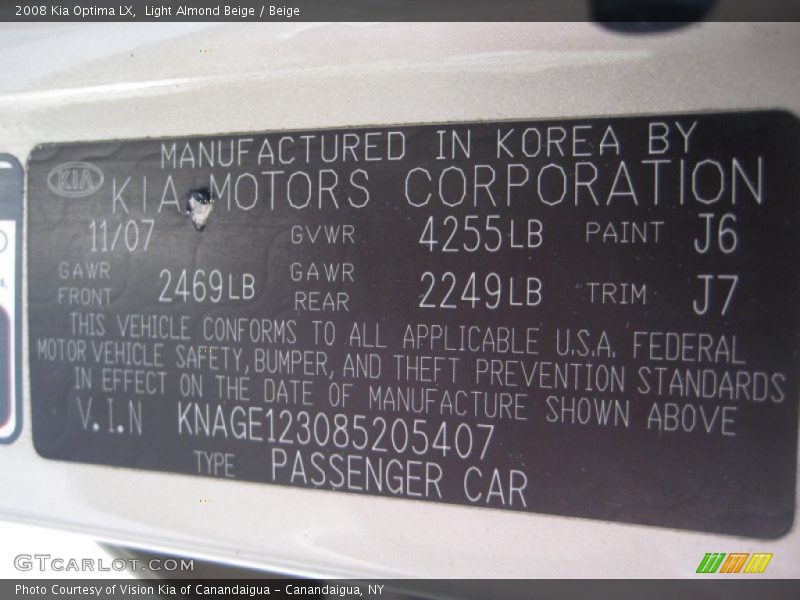 Light Almond Beige / Beige 2008 Kia Optima LX