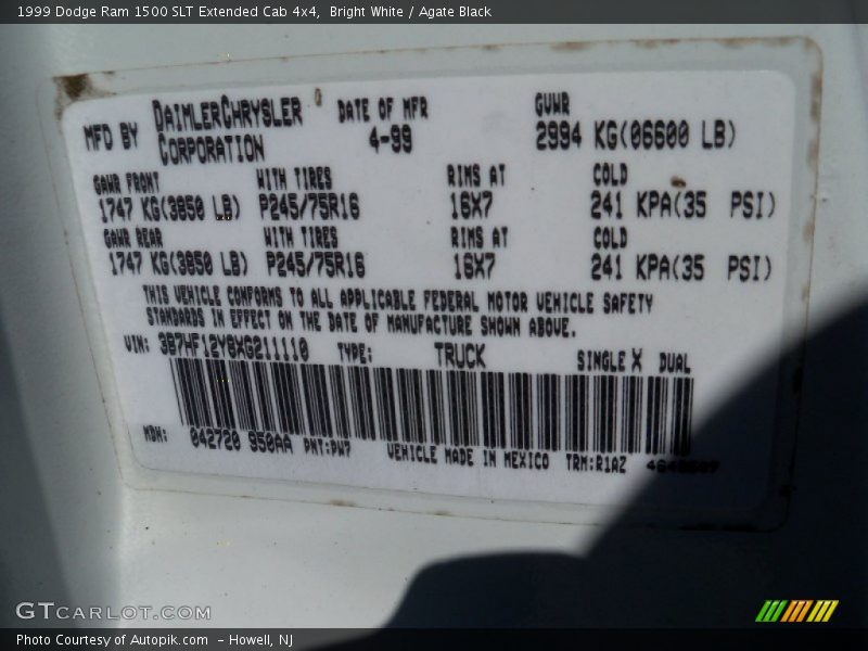 Bright White / Agate Black 1999 Dodge Ram 1500 SLT Extended Cab 4x4