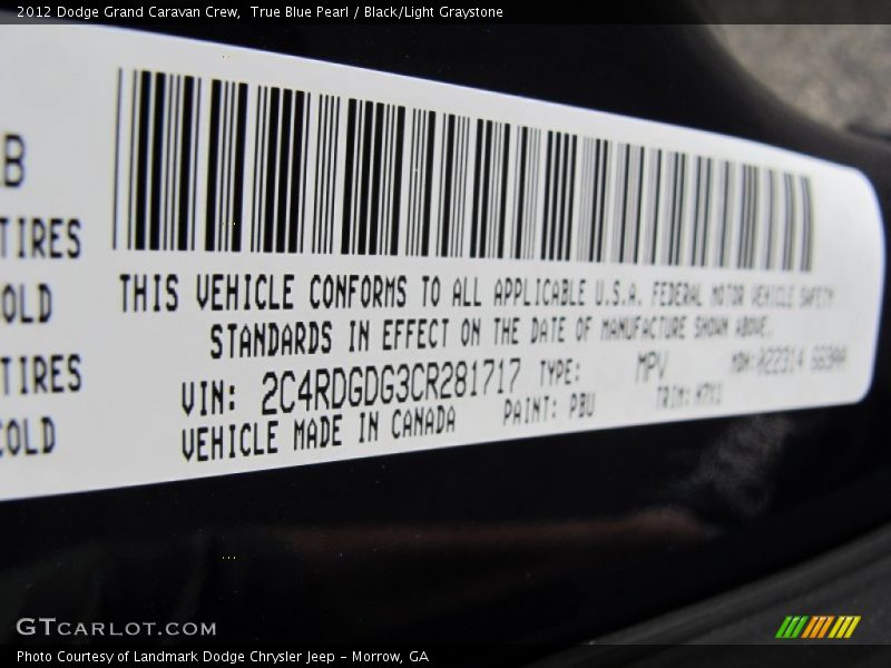 True Blue Pearl / Black/Light Graystone 2012 Dodge Grand Caravan Crew