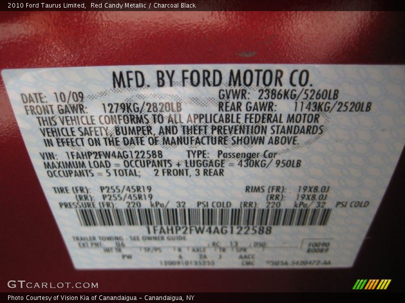 Red Candy Metallic / Charcoal Black 2010 Ford Taurus Limited