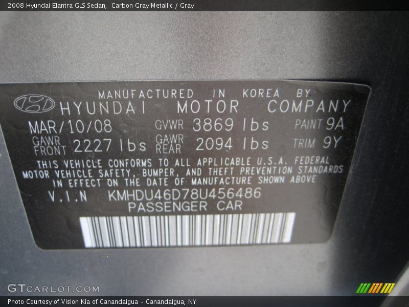 Carbon Gray Metallic / Gray 2008 Hyundai Elantra GLS Sedan