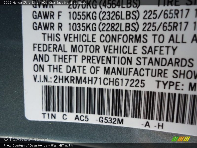 Opal Sage Metallic / Black 2012 Honda CR-V EX-L 4WD
