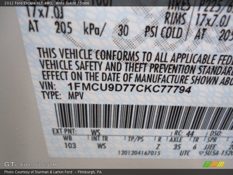 White Suede / Stone 2012 Ford Escape XLT 4WD