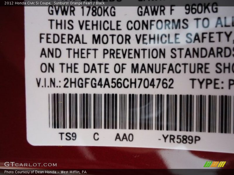 2012 Civic Si Coupe Sunburst Orange Pearl Color Code YR589P