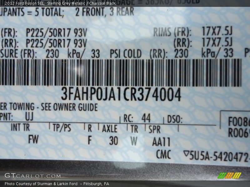 Sterling Grey Metallic / Charcoal Black 2012 Ford Fusion SEL