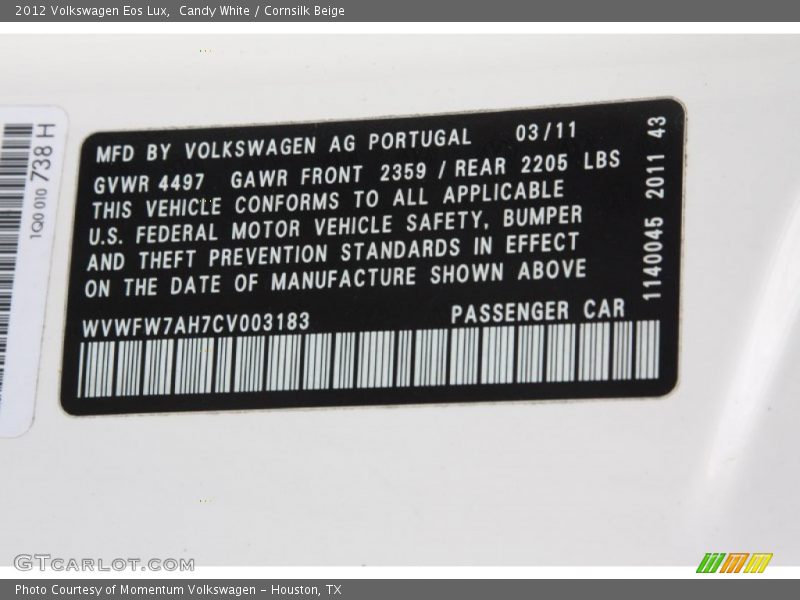Candy White / Cornsilk Beige 2012 Volkswagen Eos Lux