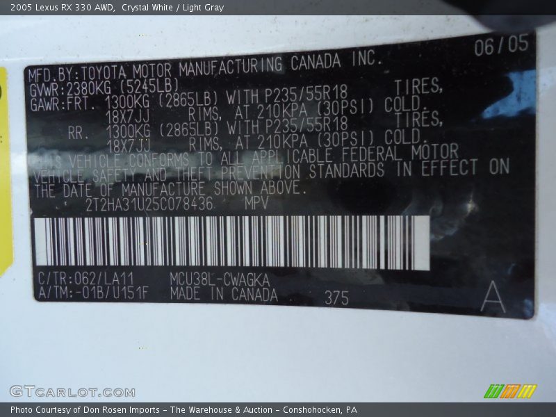 Crystal White / Light Gray 2005 Lexus RX 330 AWD