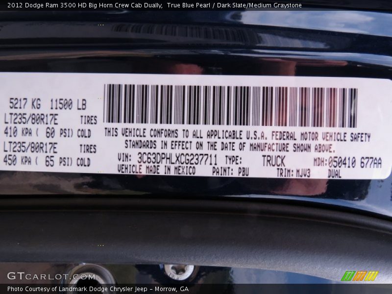 True Blue Pearl / Dark Slate/Medium Graystone 2012 Dodge Ram 3500 HD Big Horn Crew Cab Dually