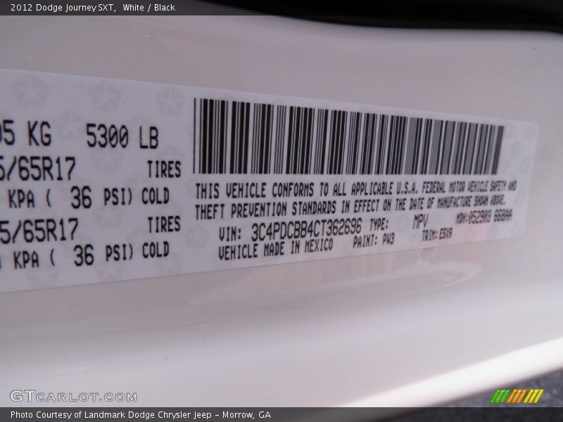 2012 Journey SXT White Color Code PW3