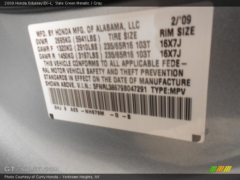 Slate Green Metallic / Gray 2009 Honda Odyssey EX-L