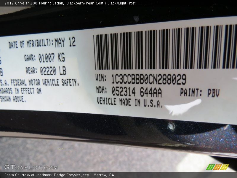 Blackberry Pearl Coat / Black/Light Frost 2012 Chrysler 200 Touring Sedan