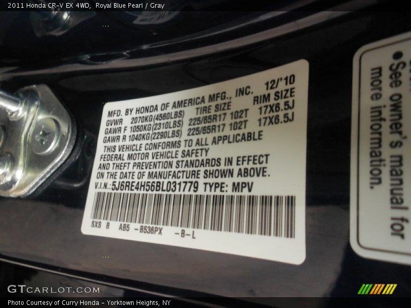 Royal Blue Pearl / Gray 2011 Honda CR-V EX 4WD