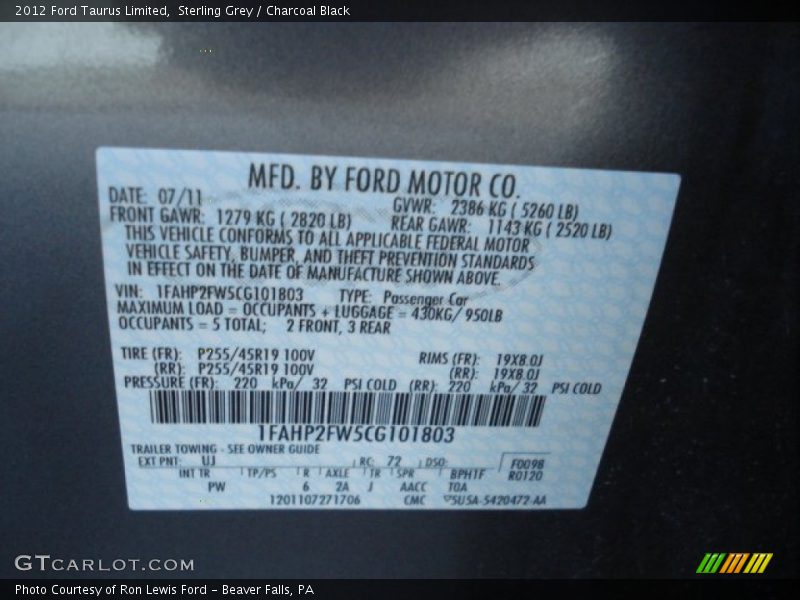 Sterling Grey / Charcoal Black 2012 Ford Taurus Limited