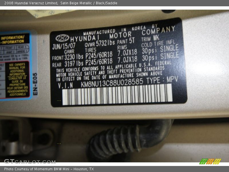 Satin Beige Metallic / Black/Saddle 2008 Hyundai Veracruz Limited