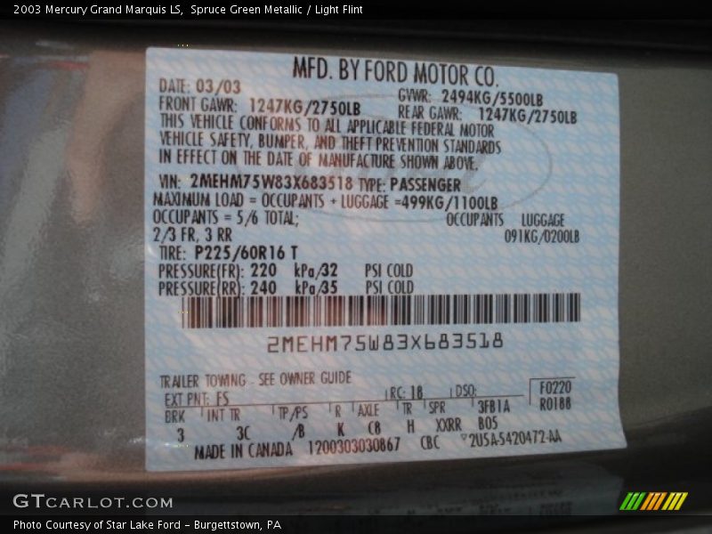 2003 Grand Marquis LS Spruce Green Metallic Color Code FS