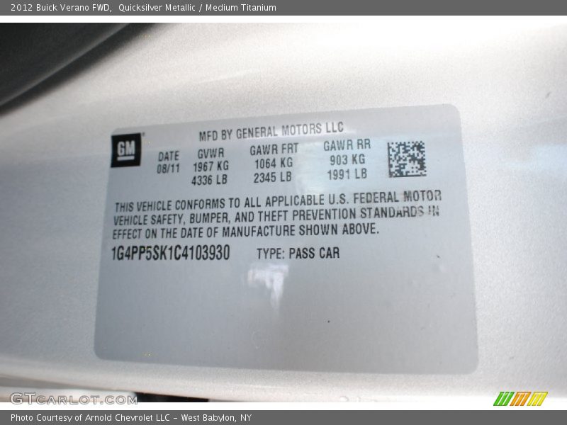Quicksilver Metallic / Medium Titanium 2012 Buick Verano FWD