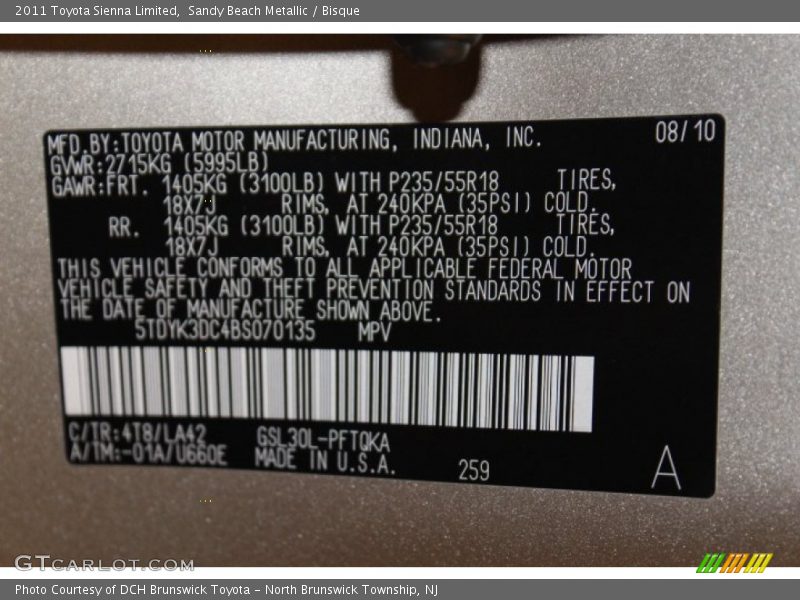 Sandy Beach Metallic / Bisque 2011 Toyota Sienna Limited