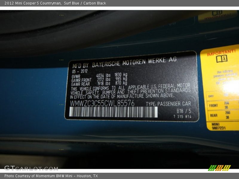 2012 Cooper S Countryman Surf Blue Color Code B18
