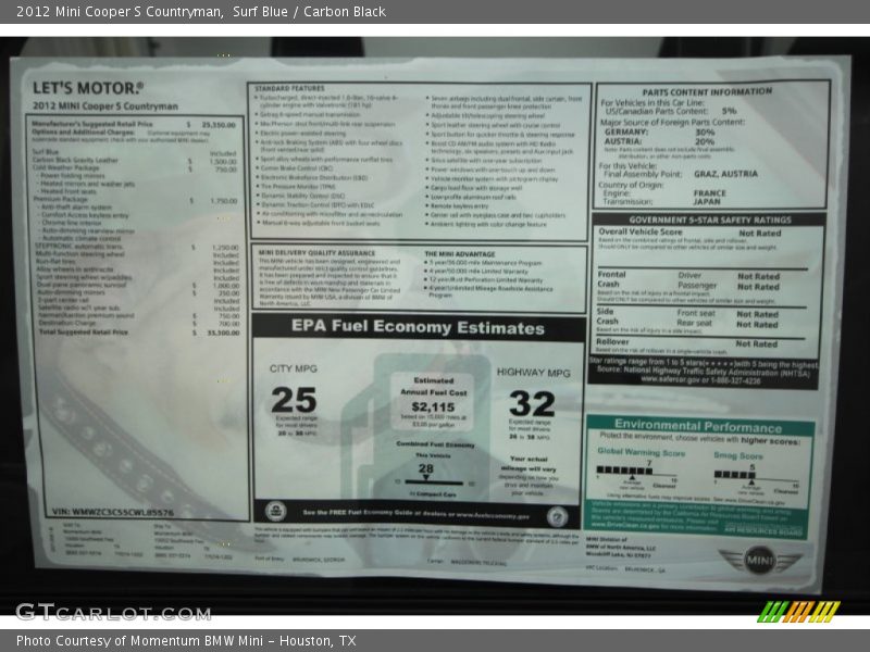  2012 Cooper S Countryman Window Sticker