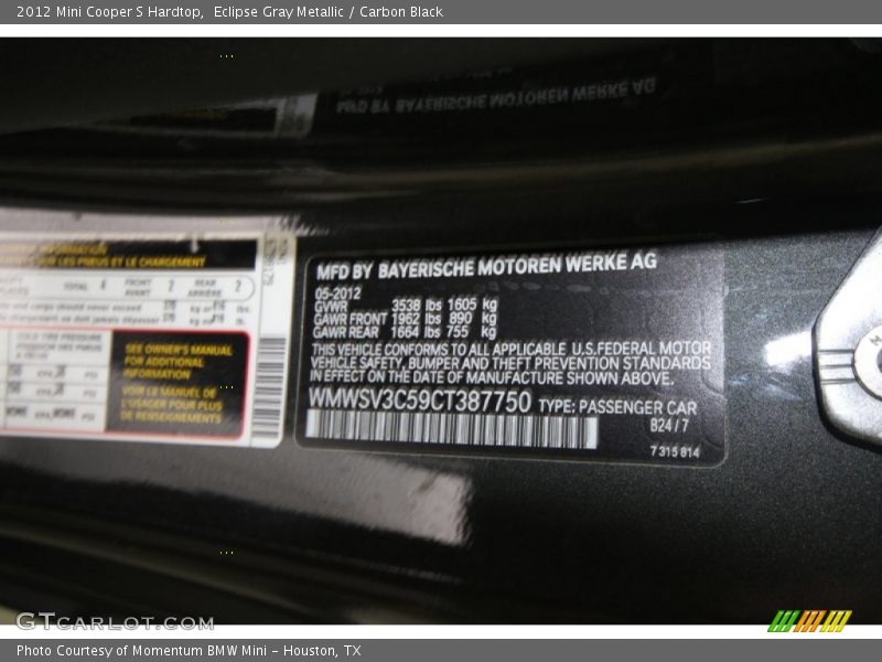 Eclipse Gray Metallic / Carbon Black 2012 Mini Cooper S Hardtop