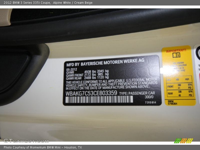 Alpine White / Cream Beige 2012 BMW 3 Series 335i Coupe
