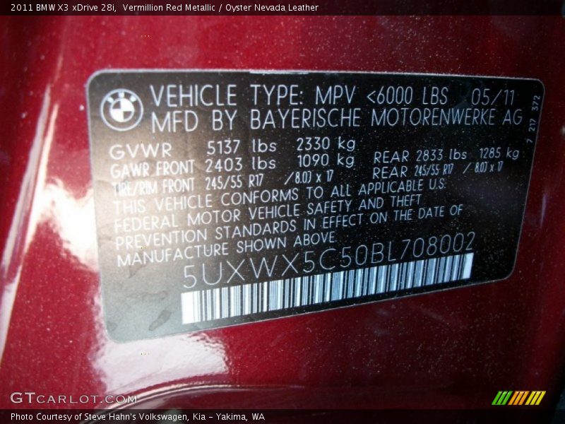 Vermillion Red Metallic / Oyster Nevada Leather 2011 BMW X3 xDrive 28i
