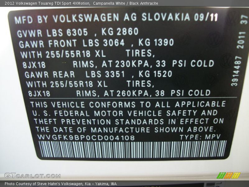 Campanella White / Black Anthracite 2012 Volkswagen Touareg TDI Sport 4XMotion