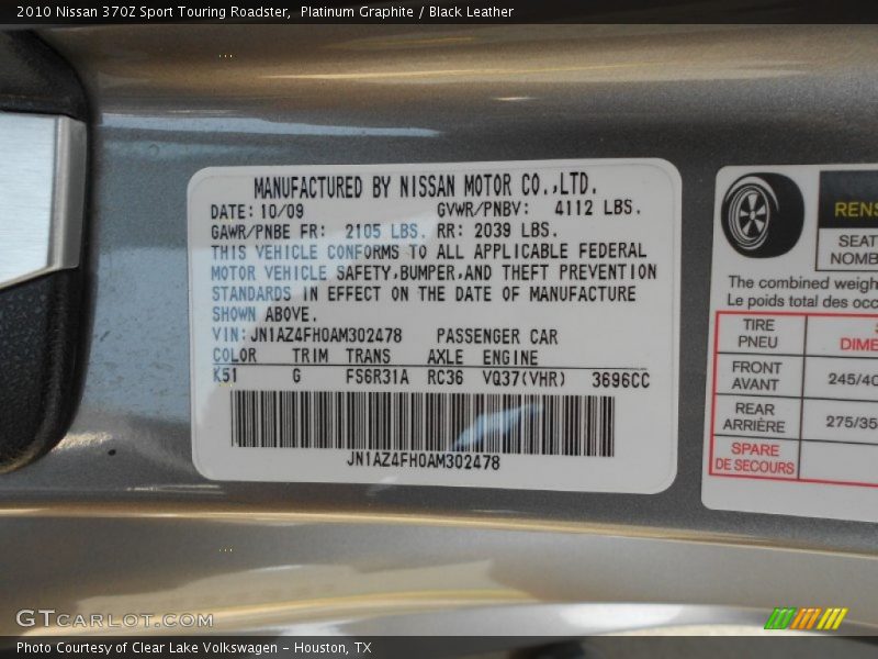 Platinum Graphite / Black Leather 2010 Nissan 370Z Sport Touring Roadster