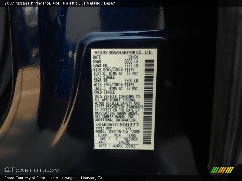 2007 Pathfinder SE 4x4 Majestic Blue Metallic Color Code BW9