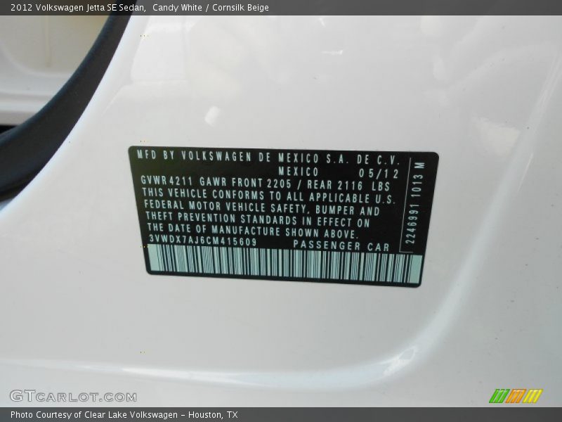 Candy White / Cornsilk Beige 2012 Volkswagen Jetta SE Sedan