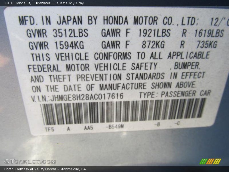 Tidewater Blue Metallic / Gray 2010 Honda Fit