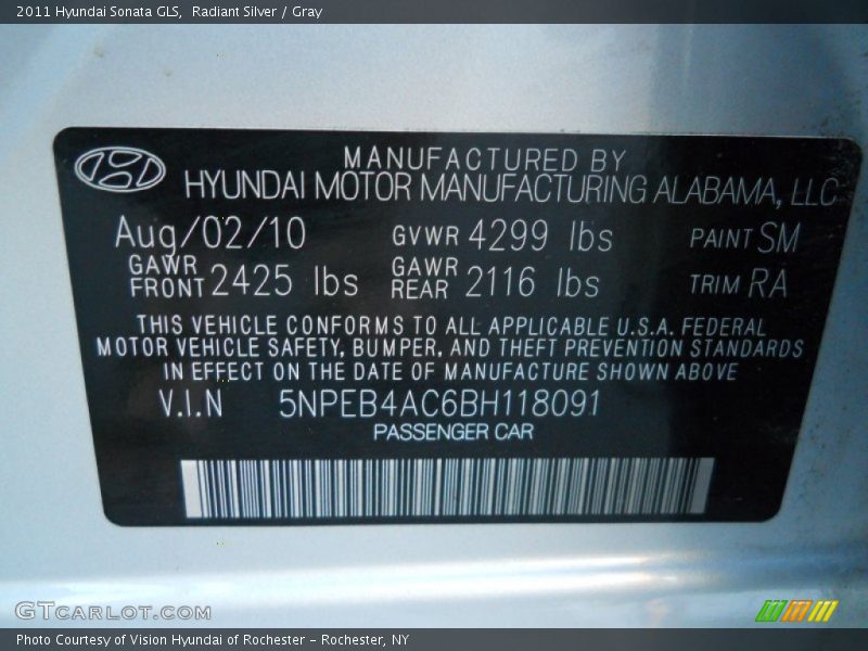 Radiant Silver / Gray 2011 Hyundai Sonata GLS