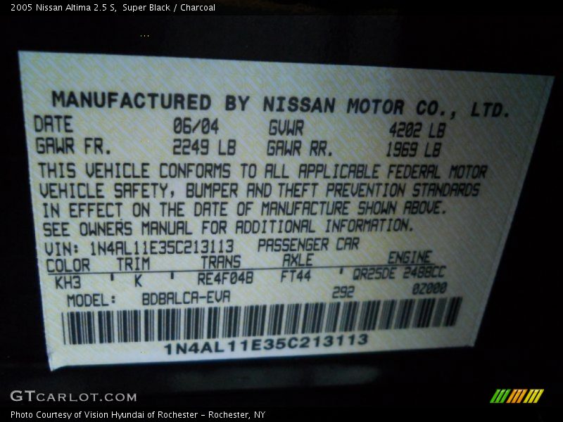 Super Black / Charcoal 2005 Nissan Altima 2.5 S