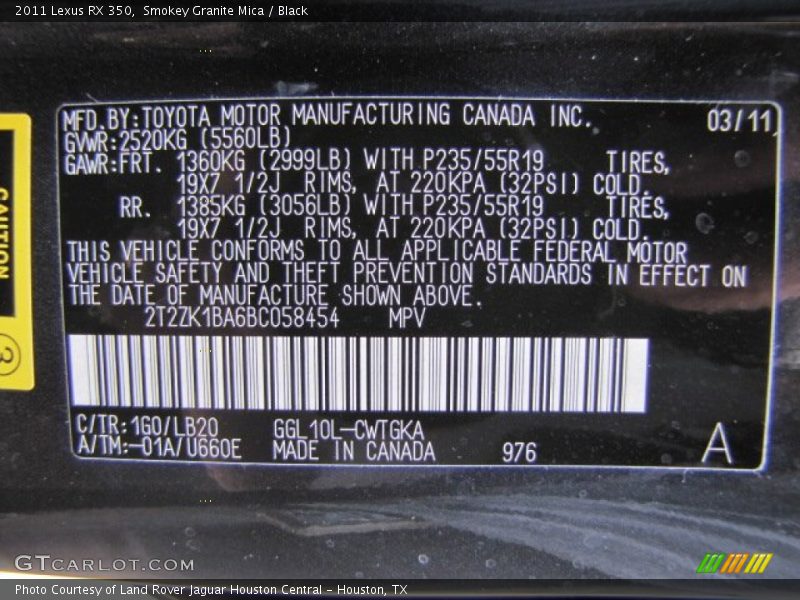 Smokey Granite Mica / Black 2011 Lexus RX 350