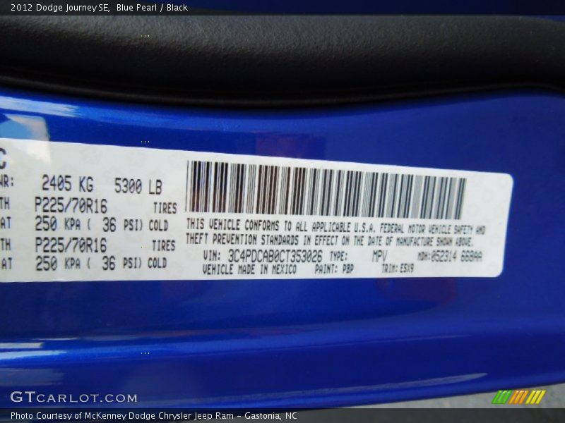 2012 Journey SE Blue Pearl Color Code PBP