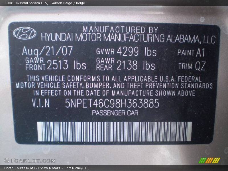 Golden Beige / Beige 2008 Hyundai Sonata GLS