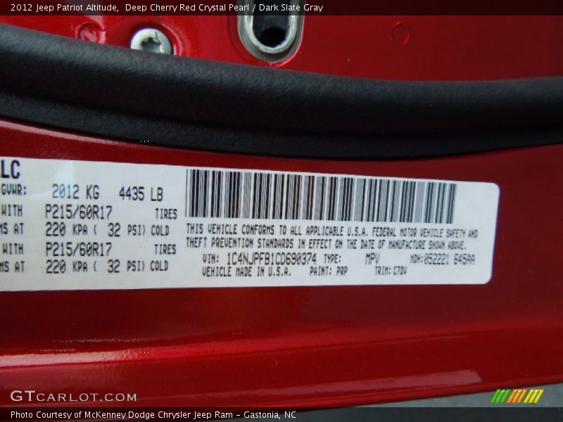 Deep Cherry Red Crystal Pearl / Dark Slate Gray 2012 Jeep Patriot Altitude