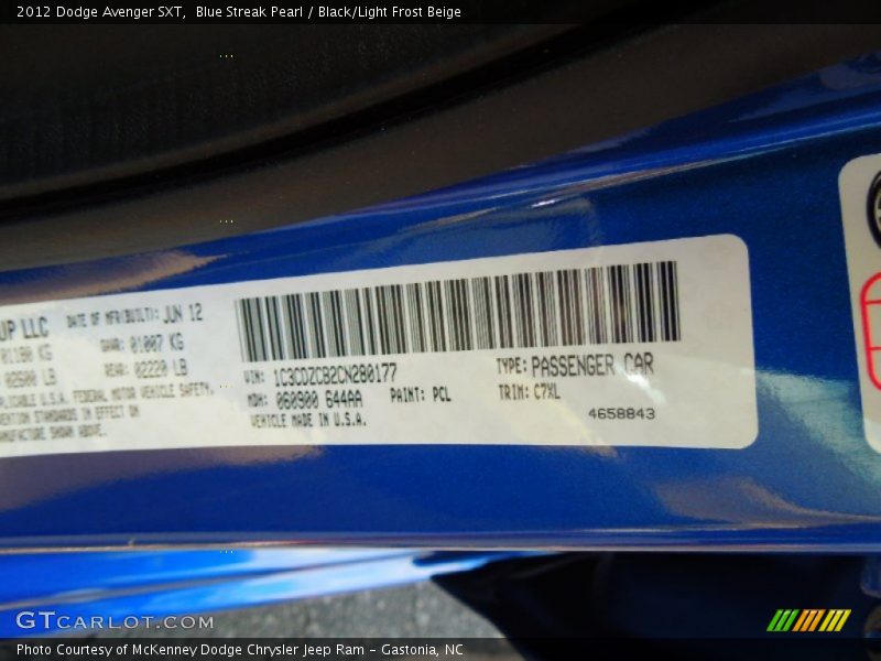 2012 Avenger SXT Blue Streak Pearl Color Code PCL