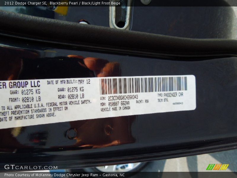 2012 Charger SE Blackberry Pearl Color Code PBV