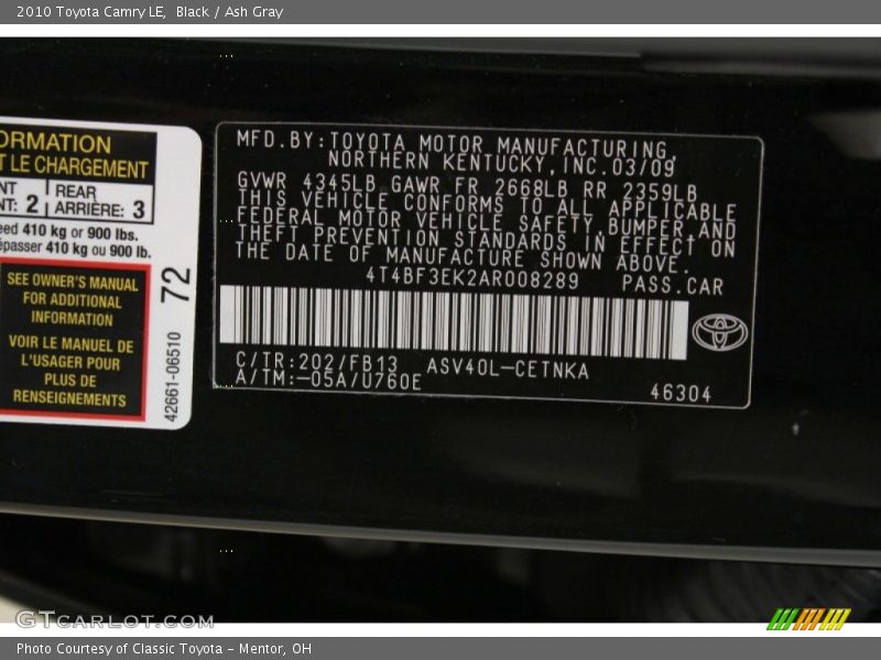 Black / Ash Gray 2010 Toyota Camry LE