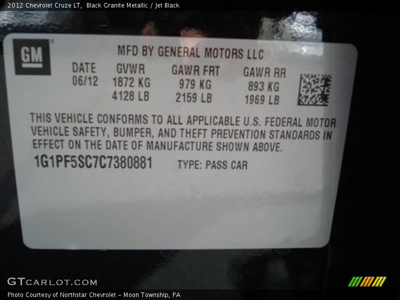 Black Granite Metallic / Jet Black 2012 Chevrolet Cruze LT